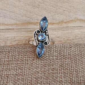 Blue Rhinestone Ring, Bali Style, Marked .925 Size 11
